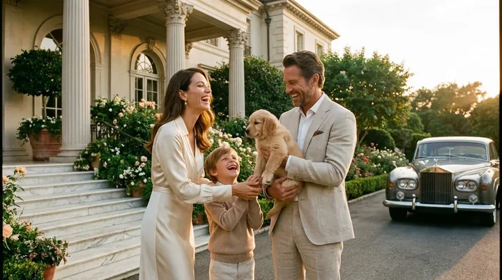 Familia elegante recibiendo su mascota en la entrada de una mansión de lujo — Mascooriente